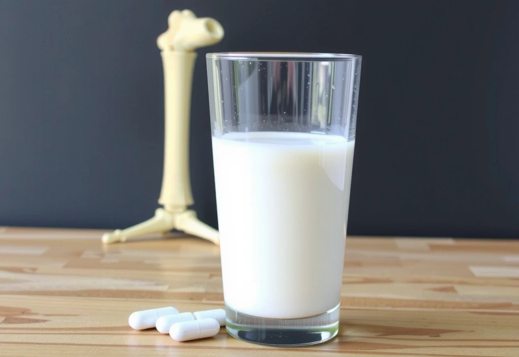 Un vaso de leche con cápsulas de calcio y huesos de fondo