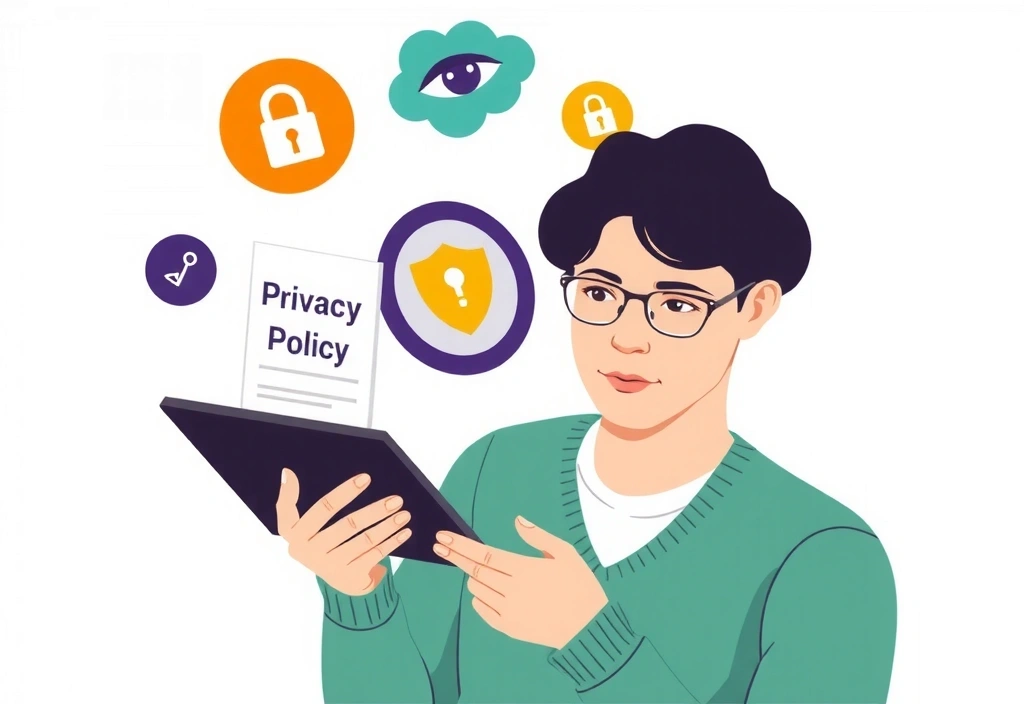 Ilustración de una persona leyendo un documento de privacidad con iconos de seguridad y protección de datos.
