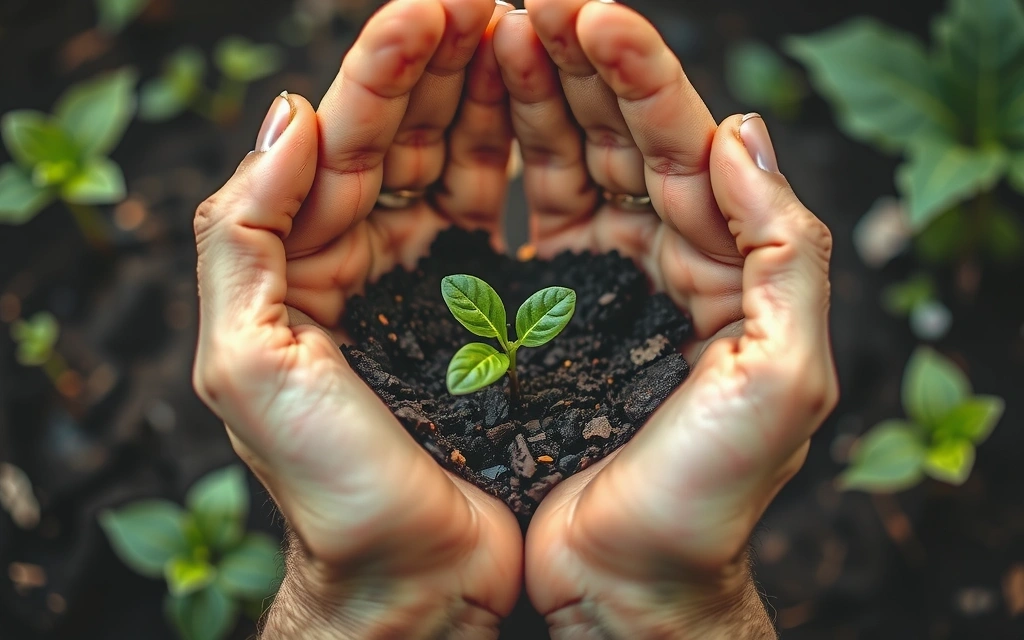 Manos sosteniendo una pequeña planta creciendo en tierra