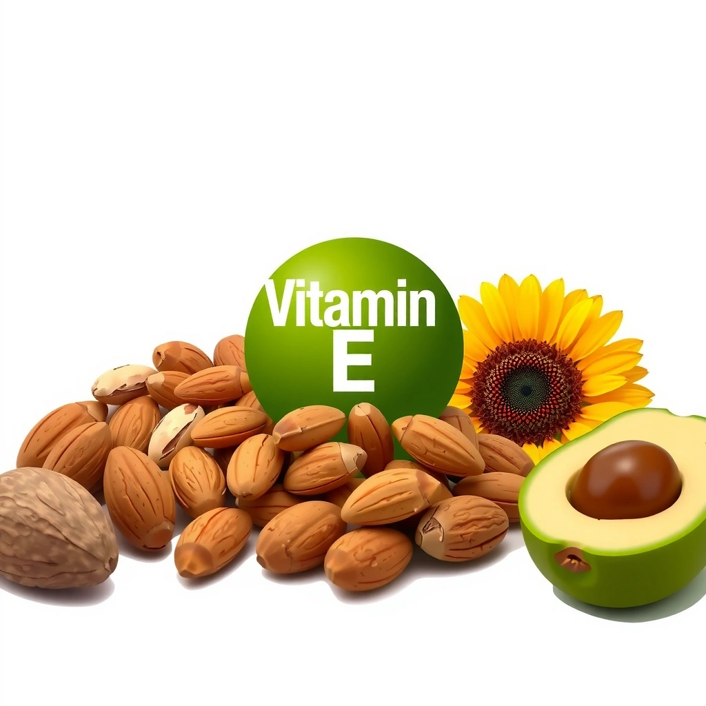 Ilustración de Vitamina E, con nueces, semillas y aguacates